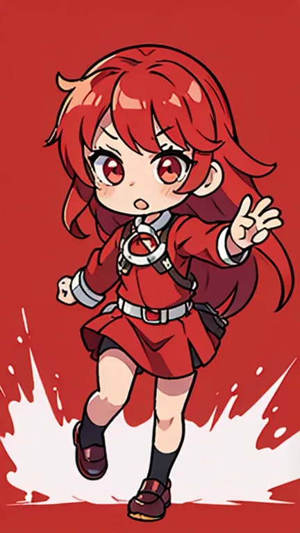 chibi, leather shoes, kawaii, red hair, run, 1 girl, full body, transparent background, long hair, curl inside hair