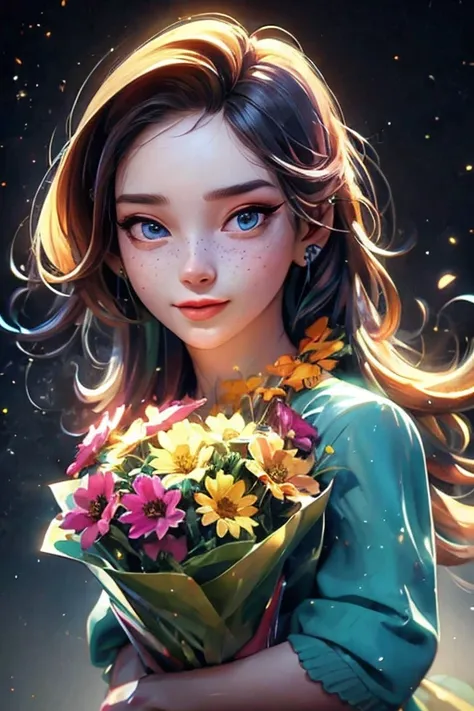 Portrait of a woman in a colorful outfit with a bouquet of colorful flowers posing for a photo, focus on eyes, A freckles, cyber girl, pretty face, sparkling simple make up, hippie clothes, sparkling pictures, high quality pictures