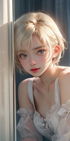 (masterpiece:1.3)、(8K、Photorealsitic、RAW photography、top-quality: 1.4)、(1girll)、beautiful countenance、(cute face)、(Platinum blond、short-hair:1.3)、Beautiful hairstyle、photorealistic eye、Beautiful details、（real looking skin）、Beautiful skins、（Ren Hao）、full bo...