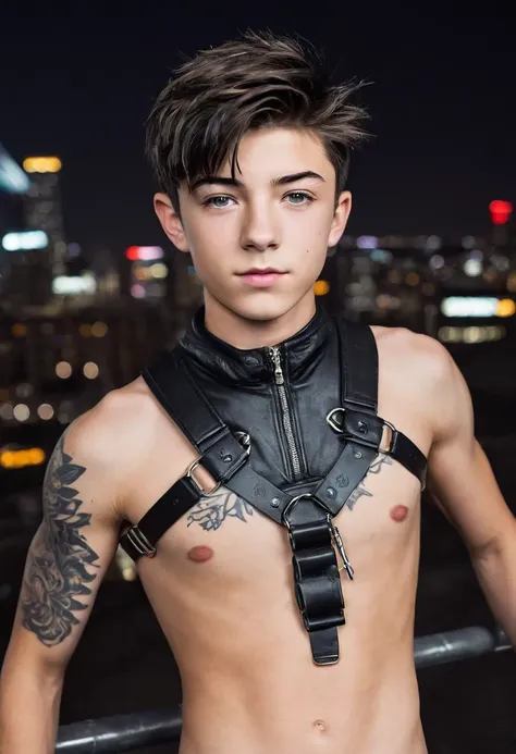 A detailed realistic photo of a young beautiful twink 18-year-old Caucasian boy cyberpunk shadow hunter with a realistic preternaturally cute boyish face (Asher Angel). Naked. Lean. Skinny. Short black hair. Sidecut. Tattooed. Overlooking a glowing cyberpu...