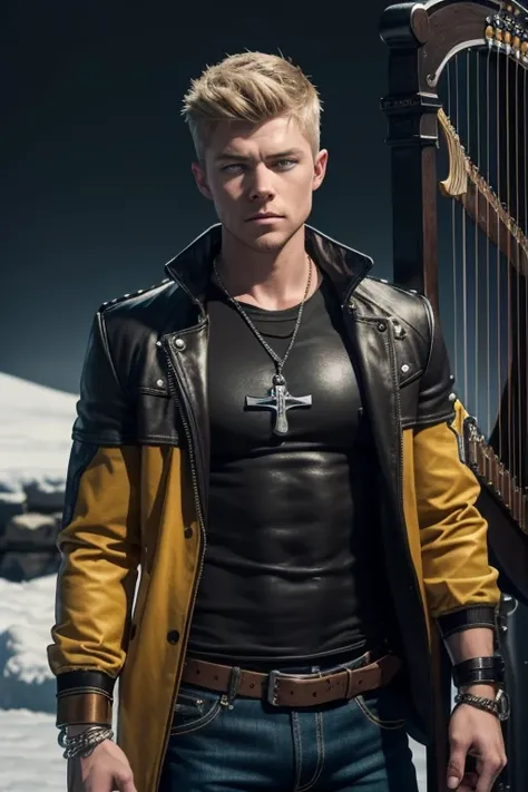 Rick Cosnett 20-year-old boy with open brown jacket, blue t-shirt with snow print, short black hair, punk style, yellow locks, black jeans, green eyes, black leather belt, silver buckle, slim muscular build, cross medallion, silver bracelet, looking straig...