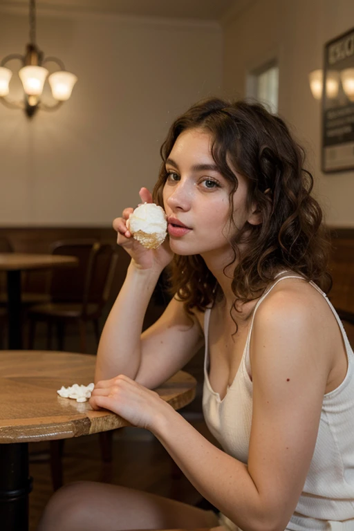 A beautiful realistic girl with curly hair eating icecream from a bowl, sitting on a round table, photo taken from the table showing the background as an icecream shop