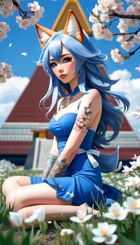 A beautiful anime girl with cat ears and a fox tail sits in a field of white flowers. She has tattoos on her skin and is wearing a blue dress. In the background, there are blooming cherry blossoms and a pyramid.