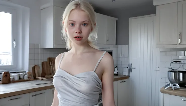   13 day(s).
UltraRealistic young nordic woman. Innocent. White pale skin. Pale blonde hair tightly coiled. Beautiful gray eyes, sweet young face, natural mouth, nipples, possing in the kitchen. tight white long dress, 8k.