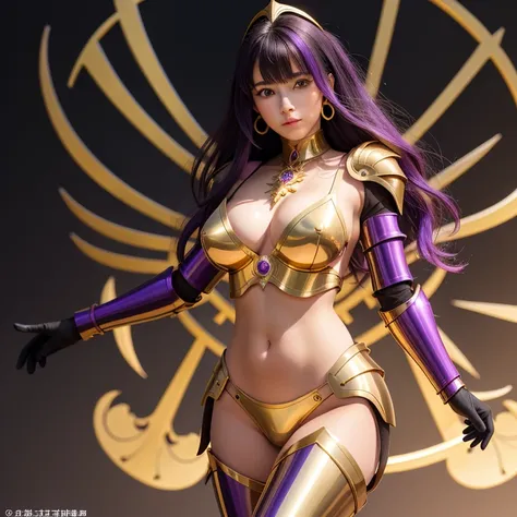 une femme, 25 ans, manga, cheveux longs, cheveux multicolores, high level of detail, saint seiya, armure noire et violette, bronze armor, black and purple armor, signes du zodiaque, Dans le royaume des enfers, en enfer, spectre, armure du zodiac, zodiac cl...