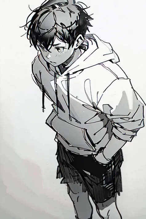 simple sketch of a teen boy  in a black hoodie, shorts, short hair, monochrome grayscale pencil  sketch, white background