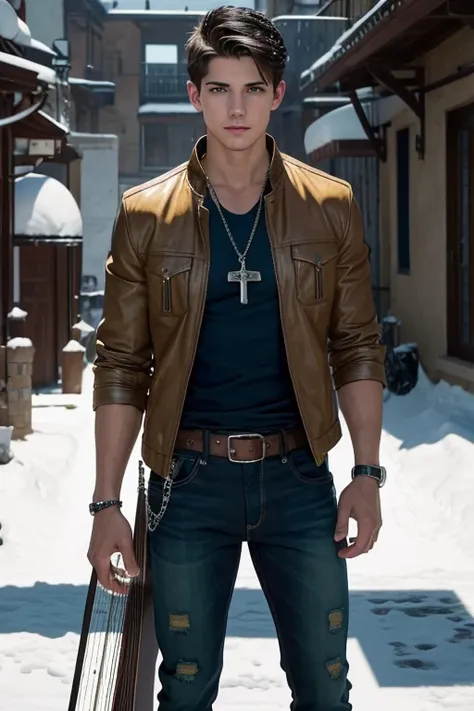 Sean Faris 20-year-old boy with open brown jacket, blue t-shirt with snow print, short black hair, punk style, yellow locks, black jeans, green eyes, black leather belt, silver buckle, slim muscular build, cross medallion, silver bracelet, looking straight...