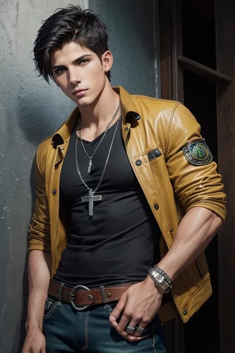 Sean Faris 20-year-old boy with open brown jacket, blue t-shirt with snow print, short black hair, punk style, yellow locks, black jeans, green eyes, black leather belt, silver buckle, slim muscular build, cross medallion, silver bracelet, looking straight...