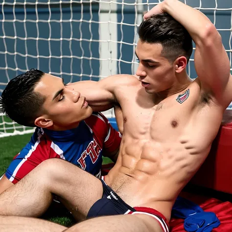 macho musculoso de futbol americano sin camisa, groped and kissed by a very thin effeminate gay teen, bulto grande, mostrando pectorales y abdominales completos,wet dreams, besos, gay pornographic, fondled