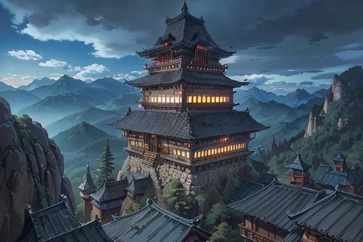 big ominous ((ghibli)) fantasy dark sorcerers castle at night, tiled roofs, medieval, rocky mountains, many towers, sky passages between towers, clustered towers, many turrets, balconies, POV