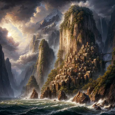 Painting of a mountain landscape with a bridge over a river, atemberaubende Fantasy-Kunst, Andreas Rocha und John Howe, Fantasie-Matte-Painting, detailed matte fantasy painting, matte fantasy painting, realistische Fantasy-Malerei, detaillierte Fantasie di...