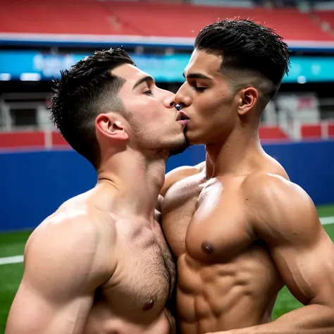 macho musculoso de futbol americano sin camisa, groped and kissed by a very thin effeminate gay teen, bulto grande, mostrando pectorales y abdominales completos,wet dreams, besos, gay pornographic, fondled