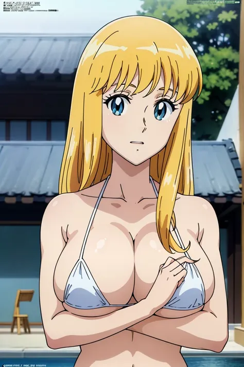 (anime cels style, Masterpiece, best quality, high resolution, anime colored, megami magazine:1.2, anime poster style, anime keyvisual, sharp, 8k, photorealistic), (beautiful eyes:1.5), reiko_aiwaifu, 1girl, blond hair, long hair, (sagging huge breast), mi...