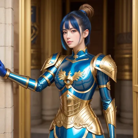 une femme, 25 ans, manga, cheveux longs, cheveux multicolores, high level of detail, saint seiya, armure bleue, bronze armor, blue armor, signes du zodiaque, Grèce antique, Dans un temple antique, armure du zodiac, zodiac cloth, Carved