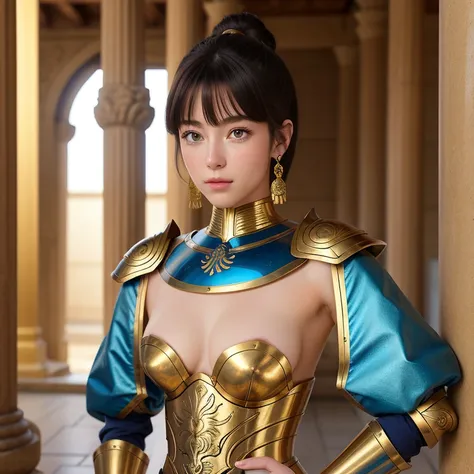 une femme, 25 ans, manga, cheveux longs, cheveux multicolores, high level of detail, saint seiya, armure bleue, bronze armor, blue armor, signes du zodiaque, Grèce antique, Dans un temple antique, armure du zodiac, zodiac cloth, Carved, topless