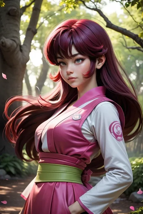 Imagina a Ranma-chan en un momento de calma en medio de un campo de cerezos en flor.. ella esta en su forma femenina, con su largo cabello rojo que fluye atrapando la suave brisa. His eyes express a mix of determination and serenity as he prepares for a ma...