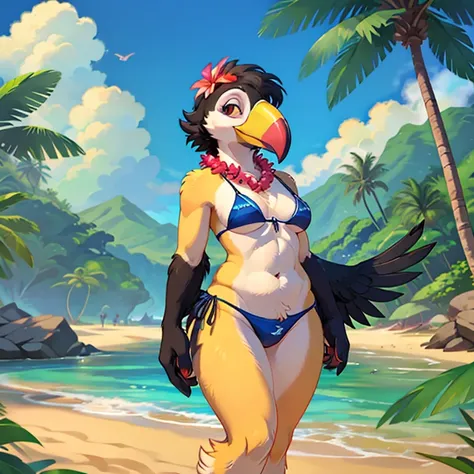 Solo female, toucan, avian, bird, curvy, black feathers, blue bikini bottom, topless, wearing lei, beach, Hawaiian, tropical, palm trees in background