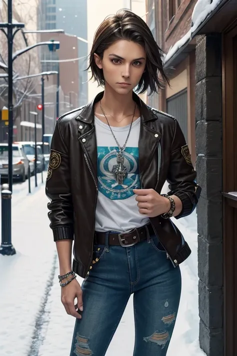 Nina Dobrev 20-year-old boy with open brown jacket, blue t-shirt with snow print, short black hair, punk style, yellow locks, black jeans, green eyes, black leather belt, silver buckle, slim muscular build, cross medallion, silver bracelet, looking straigh...