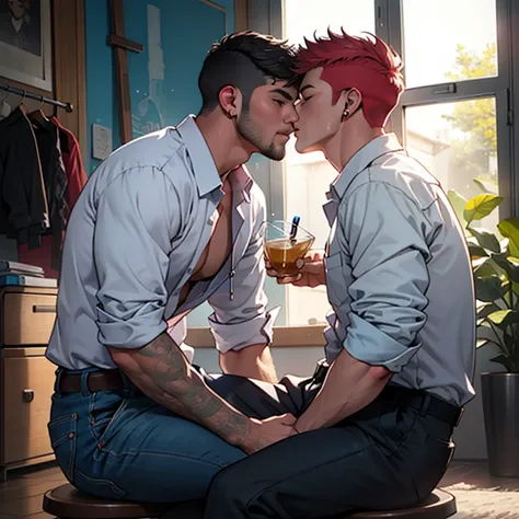 un cuarto、Two people sitting on the floor of un cuarto drinking alcohol、La mesa、hombre borracho、sit next to you、Lean on the man at your side、Mimos、yaoi、dos hombres、un moreno、centrado en el hombre、La camisa、Camisa a cuadros azul、pelo corto、Camisa cuadros bl...