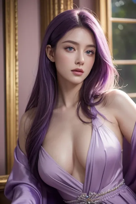 (best quality,4k,8k,highres,masterpiece:1.2),ultra-detailed,(realistic,photorealistic,photo-realistic:1.37),beautiful woman, purple hair, fair skin, blue eyes, purple-haired beauty, fair-skinned beauty, detailed facial features, celestial eyes, medieval st...