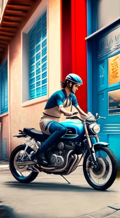 A moto, slender and agile, with a shiny blue metallic finish, is standing wearing a chef&#39;s apron with black and white stripes. Your headlights shine brightly, and the handlebars adjust as if in skilled hands, mexendo em uma tigela grande. Ela tem um ar...