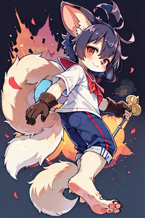 Scalpel, raccoon dog, Furry, Beastman, Animal hair, tail, Sailor suit, Short sleeve, Jersey pants, Long trousers, gloves, barefoot, sole, Pad