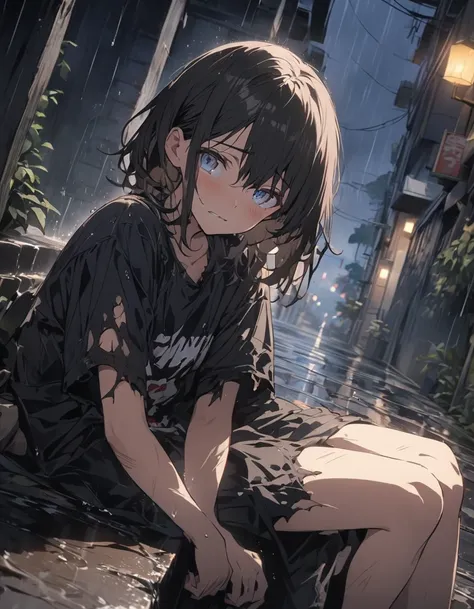 boy, sitting in the alley, Dirty and torn clothes, Sad face, Under the Rain, At night、(highest quality、masterpiece、High resolution、detailed)、animeスタイル、Flat Style、(Beautiful Eyes、detailed美しい顔),  BREAK,anime、extremely detailed、Best lighting, Best Shadow、Dyna...