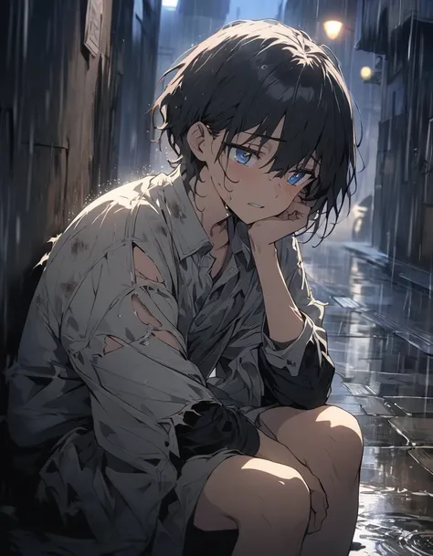 (boy:1.3), sitting in the alley, Dirty and torn clothes, Sad face, Under the Rain, At night、(highest quality、masterpiece、High resolution、detailed)、animeスタイル、Flat Style、(Beautiful Eyes、detailed美しい顔),  BREAK,anime、extremely detailed、Best lighting, Best Shado...