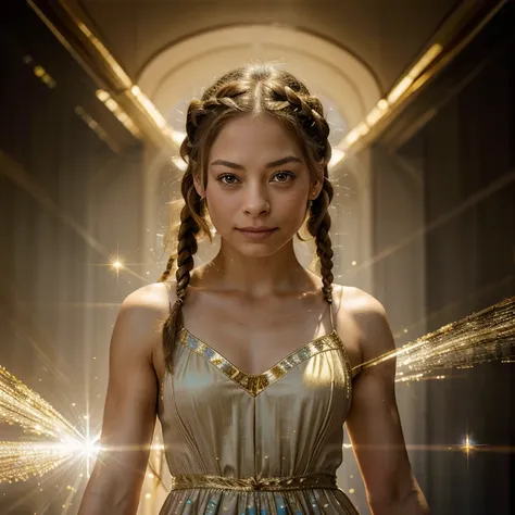 kristin kreuk, superb masterpiece, upper body, (adult: 1.6) hungarian woman, (giggle: 0.4), arms behind the head, golden braids,...