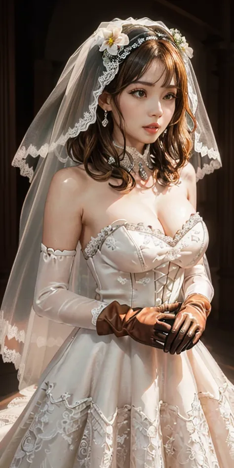 (LORA:Roxanne | Slave Harem in the Labyrinth of the Other World, blonde dog ears) Close-up of beautiful bride wearing beautiful wedding dress, Gurwitz, (bridal veil:1.5), (Transparent short veil:1.5), Blushing face, head flower, headgear, (tube top wedding...