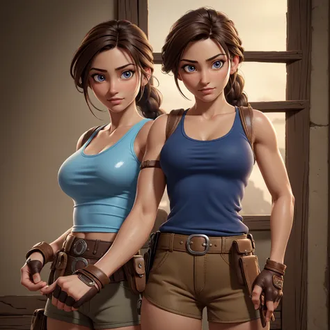 Cowboy Shot,((glossy eyes)),(masterpiece, best quality:1.4), high detail, (detailed face), detailed eyes, (beautiful, aesthetic, perfect, delicate, intricate:1.0),best quality, masterpiece, nijistyle lara croft, single braid, blue tank top, brown shorts, f...