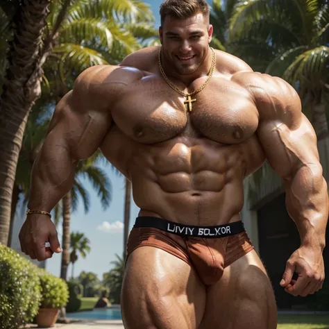 Gargantuan traps! a very handsome, sweet and truly massive monster Caucasian bodybuilder is showing off his huge bicep muscles and meaty thighs. Smiling young adult. brown hair, powerfully muscled, massive shoulders and biceps. well-defined six pack. Excep...