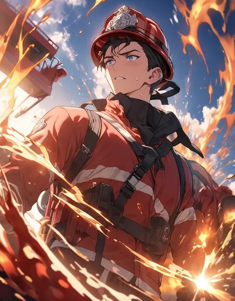 male,Handsome man with a good physique:1.3、(Firefighter)、 Desperate firefighting efforts at the scene of a fire、Tension、Sweat、desperate look、(Focus on the fire engine:1.4)、(highest quality、masterpiece、High resolution、detailed)、animeスタイル、Flat Style、(Beautif...