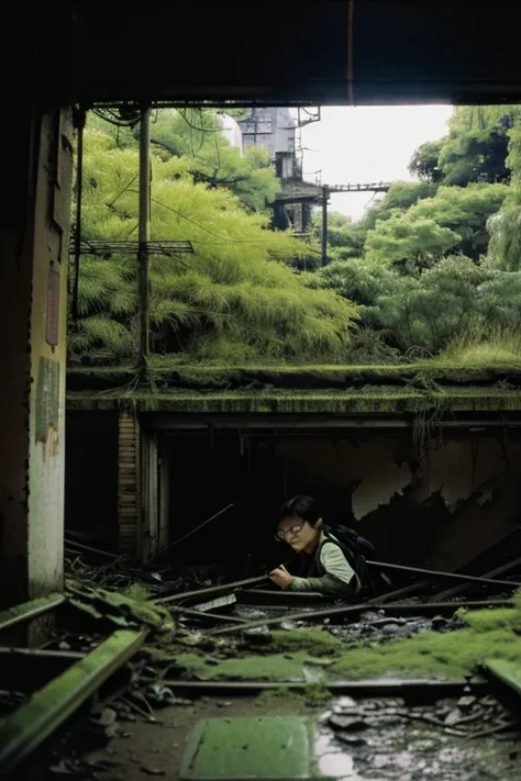 subway,moss,Collapse,Devastation,Inside the ruins is narrow,Showa,Glasses,Women,adventure,Black and White,