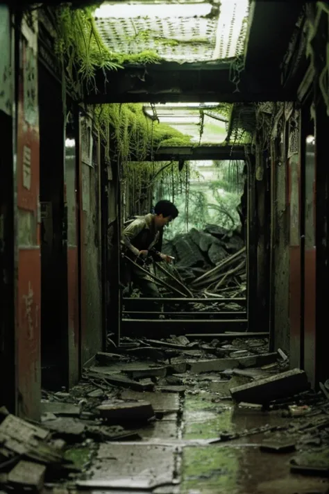 subway,moss,Collapse,Devastation,Inside the ruins is narrow,Showa,Glasses,Women,adventure,Black and White,