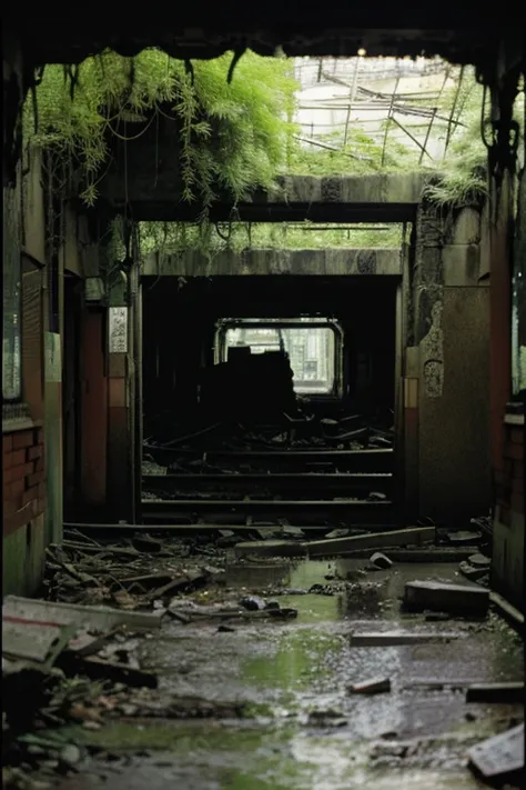 subway,moss,Collapse,Devastation,Inside the ruins is narrow,Showa,Glasses,Women,adventure,Black and White,