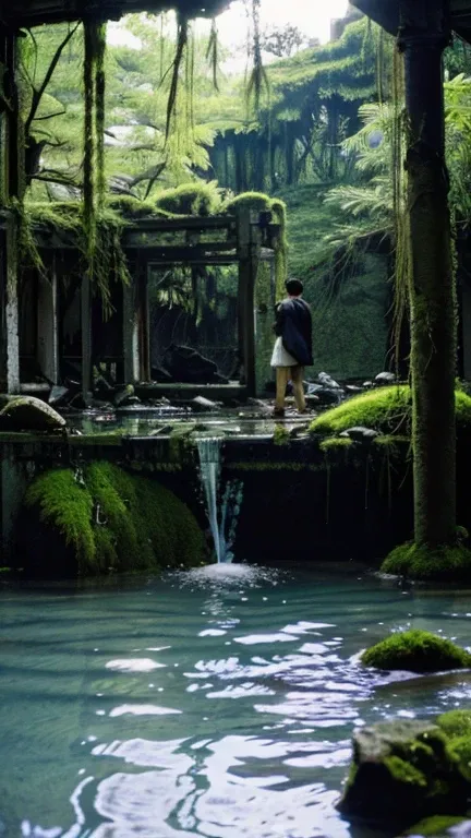 In the water,moss,Collapse,Devastation,Inside the ruins is narrow,Showa,Glasses,Women,adventure,Black and White,