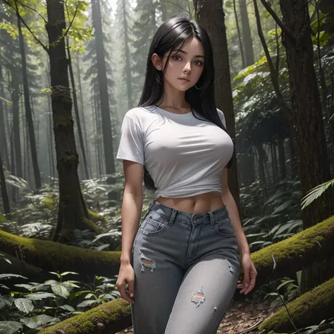 There is a young girl with a cute face and straight black hair and big blue eyes in a sunny forest, a thoughtful attentive expression on a cute face, large breasts, athletic physique, shredded abs, heavily muscled legs, full-length, dressed in a simple gra...