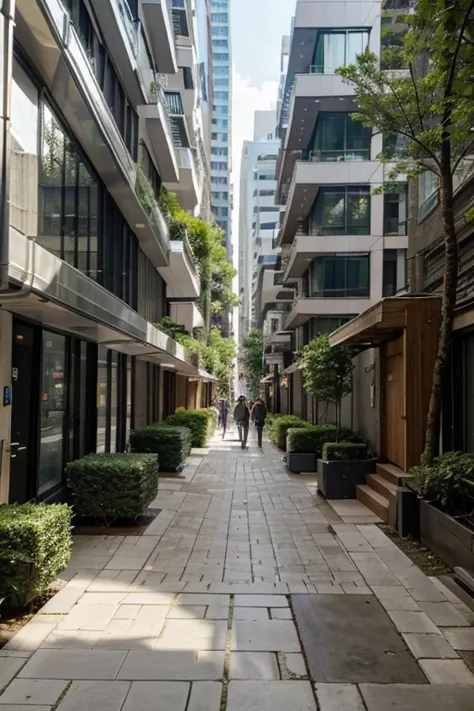 block street with wide block sidewalk, wooded garden with small stream, tall buildings in futuristic surroundings