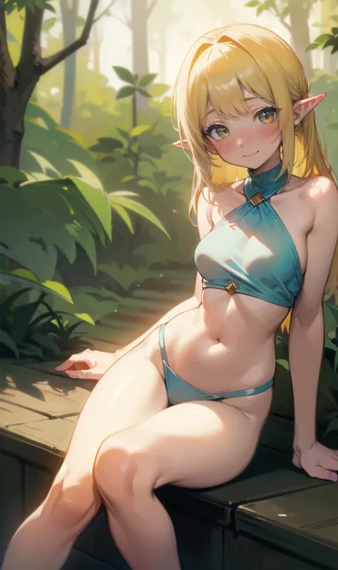 (1girl:1.4), (marigolds: 1.1), (very cute: 1.2), yellow white backlighting, forest, blissful (masterful art: 1.2),skinny, (small breasts: 1.1), navel, (aphrodite: 1.1), long bangs, innocent, dramatic backlighting, god rays, (bright cute eyes), (extremely d...