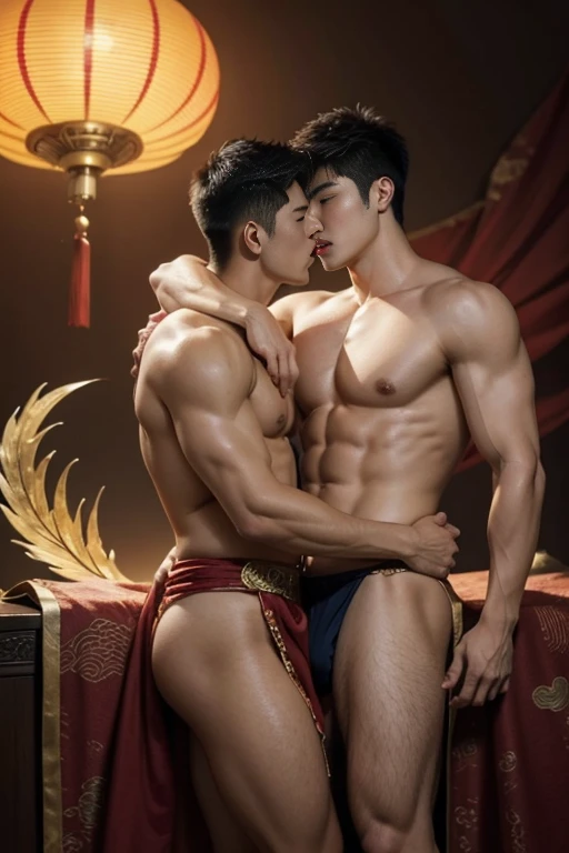 (photorealistic, masterpiece, best quality), 2 handsome asian men kissing, chinese man, 20 years old young, muscular athletic body, super handsome actor star, manly, sexy, full body shoots, big chest abs, detailed face parts, wearing only a loincloth, kiss...