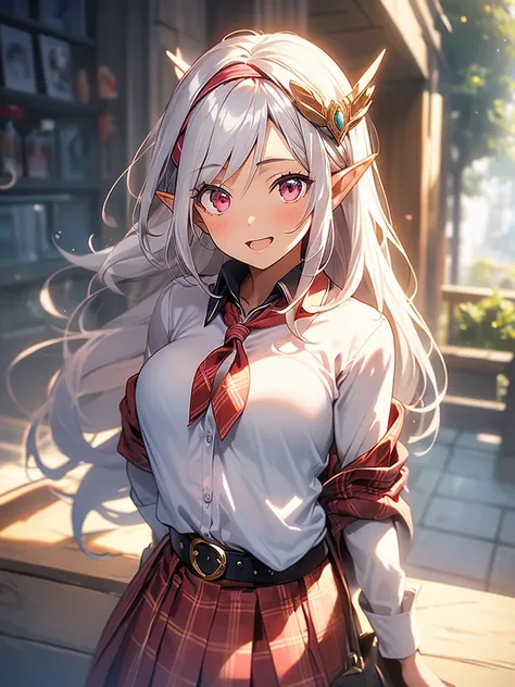 An elf woman, dark tanned skin, beautiful silver hair, headband, pointed ears, beautiful red eyes, pink lips, high school girl, dark blue blazer, plaid skirt, staring at the viewer. A shy face, a smile, an open mouth, a depiction of only the upper body, lo...