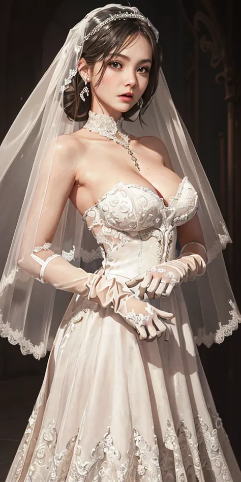 (LORA:Roxanne | Slave Harem in the Labyrinth of the Other World, blonde dog ears) Close-up of beautiful bride wearing beautiful wedding dress, Gurwitz, (bridal veil:1.5), (Transparent short veil:1.5), Blushing face, head flower, headgear, (tube top wedding...