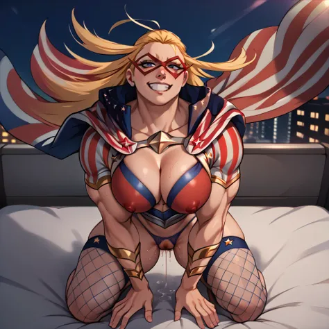 score_9, score_8_up, score_7_up, score_6_up,score_5_up,score_4_up, (BREAK domino mask:1.2), american flag print, striped bodysuit, red cape,starandstripe, toned, antenna hair, long hair, orgasm grin, (nsfw:1.2), pubic hair, in room, large breasts, nipples,...