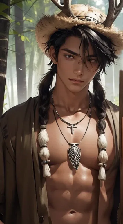 1 boy,Handsome，tall and strong,perfect male figure, eyes looking at camera, ((tanned skin)),forest，（primitive），feather hair accessories，Antler cap，Tribal totem，((Painted))，hide，black hair,serious expression,((animal bone necklace)),Ray tracing