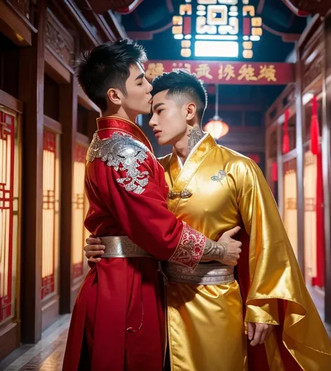 2 Handsome guy kissing, 25 years old,hug, cuddle, touching lips, skin ship, romantic,  Asian, chinese hansomeactor, manly, master work, best picture quality, higher quality, high detail, super high resolution, 8k resolution, perfect eyes, perfect skin, per...