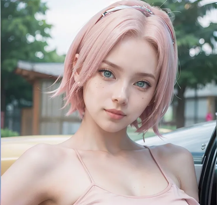 young woman, short shoulder-length pink hair, wide forehead, porcelain skin, pink eyebrows, big emerald green eyes, buttoned nose, full lips, heart-shaped face, slender body, small breasts, red tank top, Sakura Haruno , realistic, realism, details, 3d, wel...