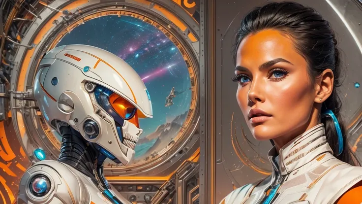 arafed image of a white woman in a futuristic suit with a spaceship in the background, movie art, in front of an orange background, inspired by Robert McGinnis, female protagonist, megastructure in the background, portrait of an ai astronaut, astronauts, a...