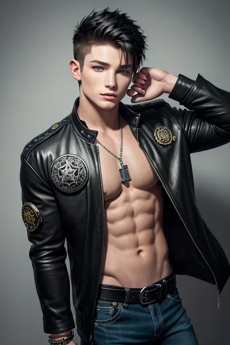 Brent Corrigan 20-year-old boy with open black jacket, blue t-shirt with snow print, short black hair, punk style, yellow locks, black jeans, green eyes, black leather belt, silver buckle, slim muscular complexion, cross medallion, silver bracelet, looking...