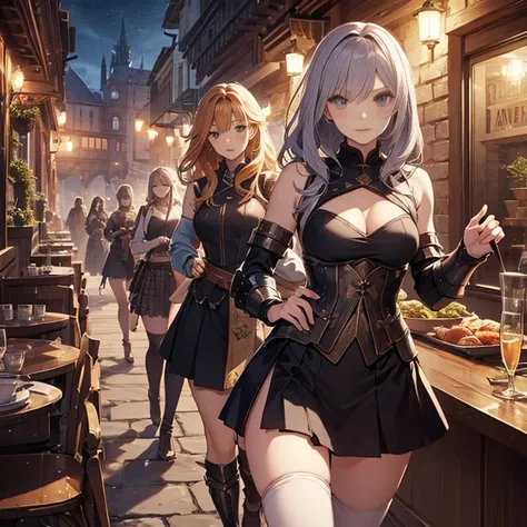 A group of  female medieval fantasy adventurers, (in tavern), various hair styles, harem, night, details face, short skirt, seducing, sleeveless, armor